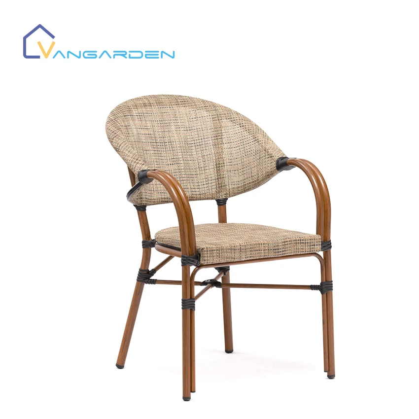 Outdoor waterproof stacking bamboo table and chair aluminum coffee shop arm wicker chair rattan restaurant dining outdoor chair