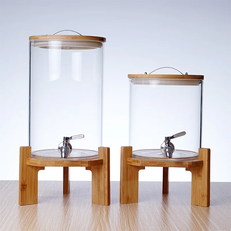 Customized 5/8/11L high borosilicate Glass Large capacity Beverage Dispenser with Wooden lid multifunctional glass jar