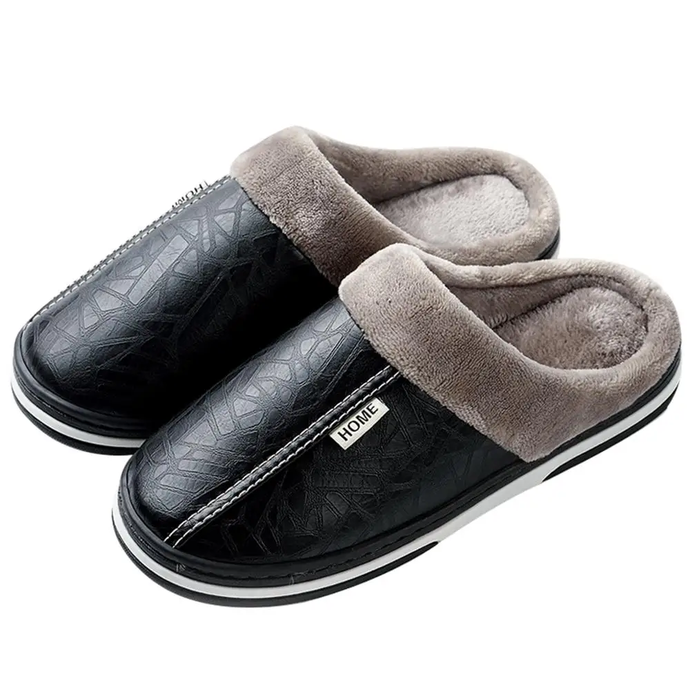 Unisex Leather Fabric Waterproof Indoor Outdoor Pu Plush House Cotton warm Women Winter Slipper