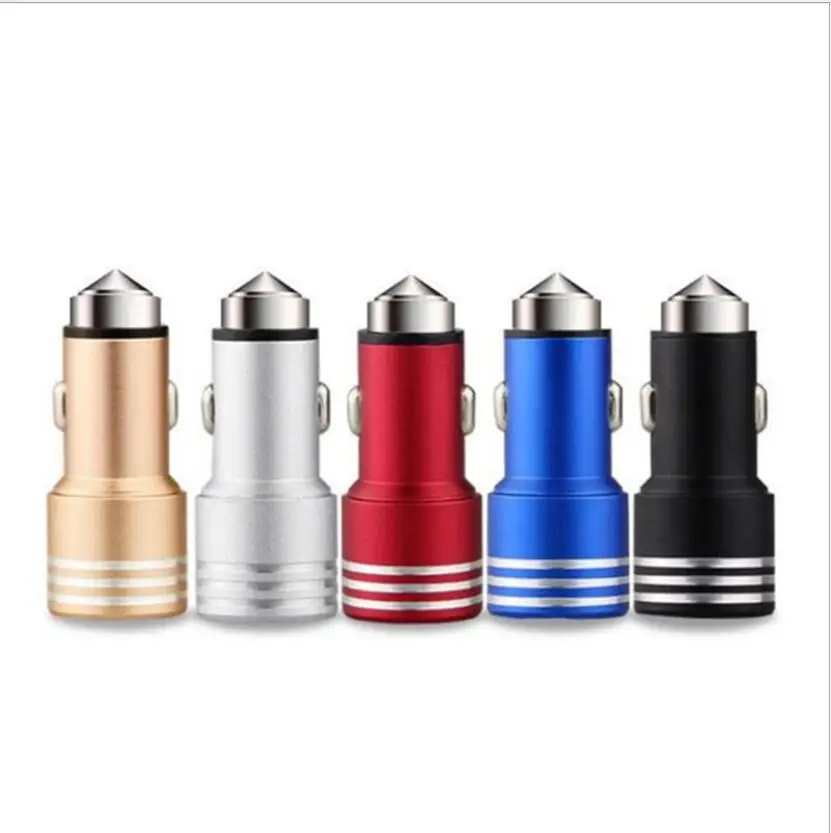 
2021 Hot New Car Charger 2A 2 USB Multi-Function and 5 Colors Dual Safety Hammer Car Adapter 
