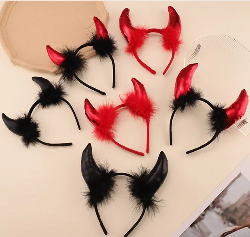 A262 Halloween Devil Headwear Headband Size Bull Horn Ear Hair Clip Red Dark Horn Gothic Jewelry Wholesale