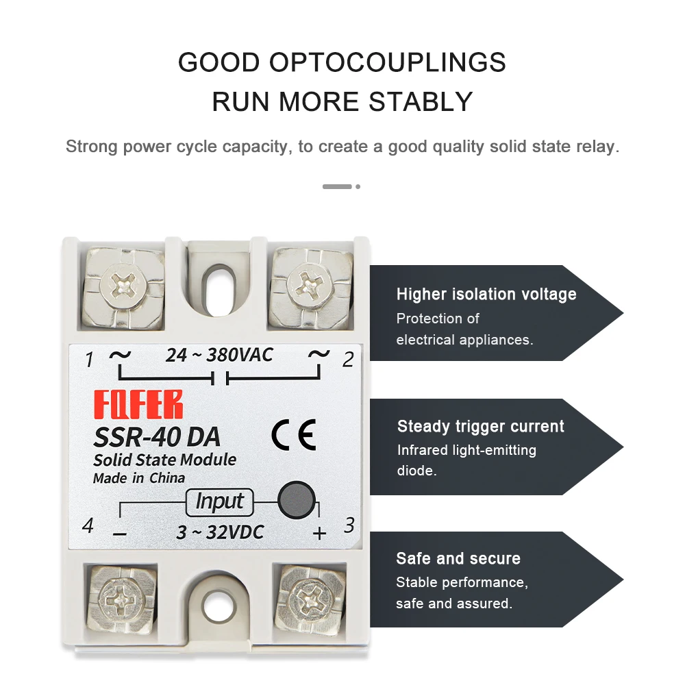 FQFER SSR 40DA Single phase solid state relay DC controlled AC ssr 40a SSR 10DA 25DA 30DA 50DA 60DA 75DA 80DA 90DA 100DA