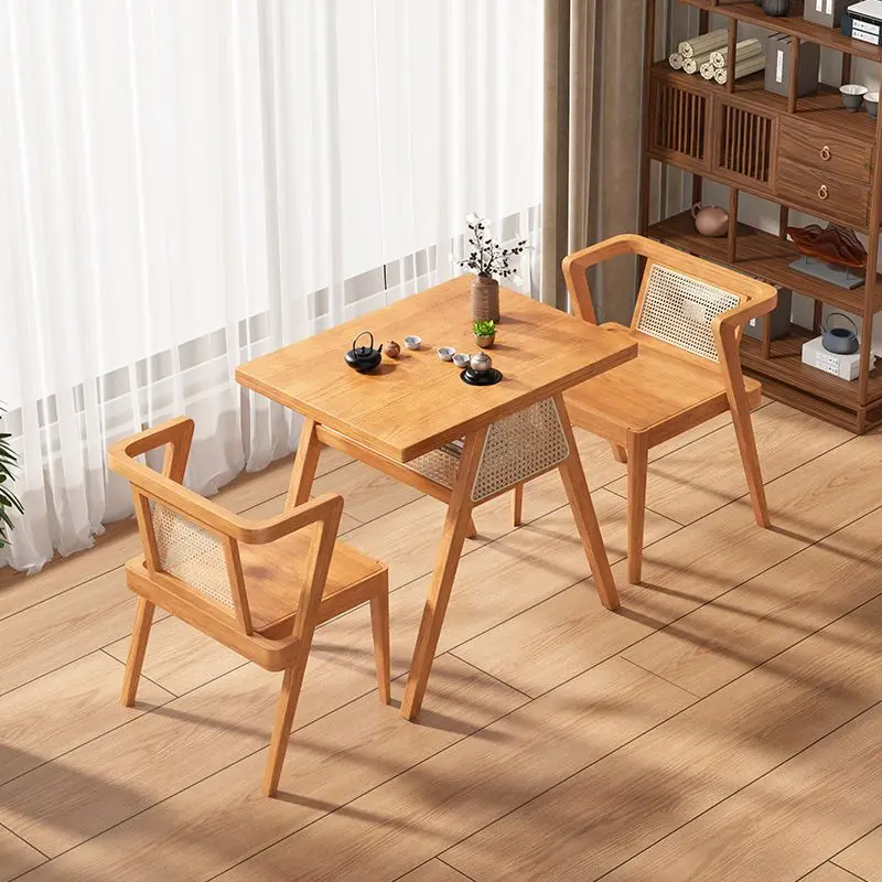 Japanese recycled pine wood table and chair set square restaurant dinning table set rattan balcony small tea table and chair