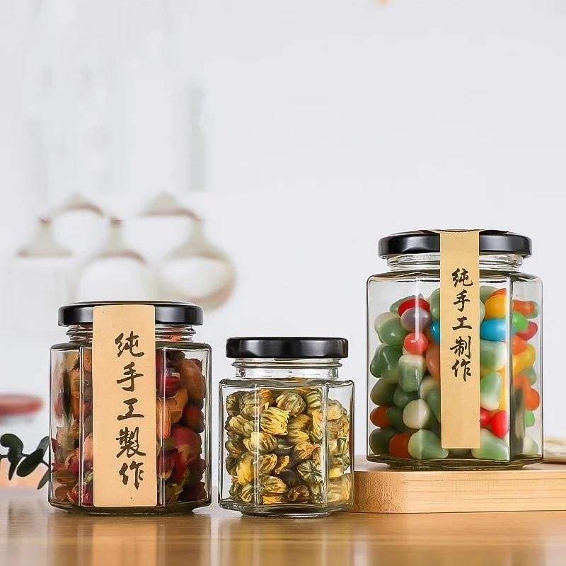 Hot Selling 100ml 180ml 280ml 380ml Thickened Iron Lid Hexagonal Transparent Glass Honey Bottle