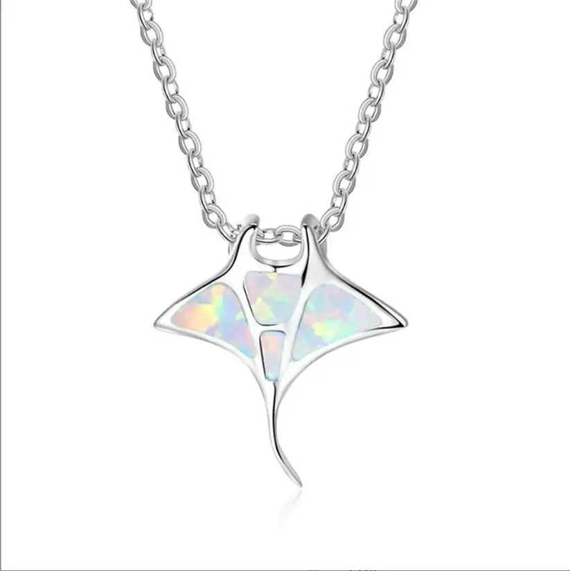 Real white gold plating Manta Ray Pendant Necklace with Australian Opal