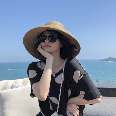 Fashion Elegant Ladies Spring Summer Beach Uv Sun Hat Handmade Hepburn Style Big Wide Brim Flat Straw Bucket Hats Sombrero Women