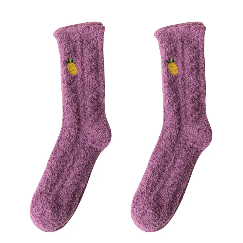 Low MOQ Embroidery Logo Fruit Design Knitted Coral Fleece Home Socks Winter Soft Thick Sleep Bed Socks For Women