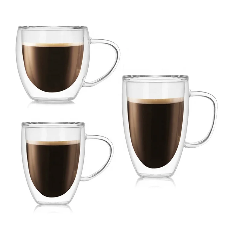 2020 Amazon Hot Sale 350ml Hand Made Borosilicate Double Wall Glass Coffee Tea Cup for Latte Cappuccino with Handle
