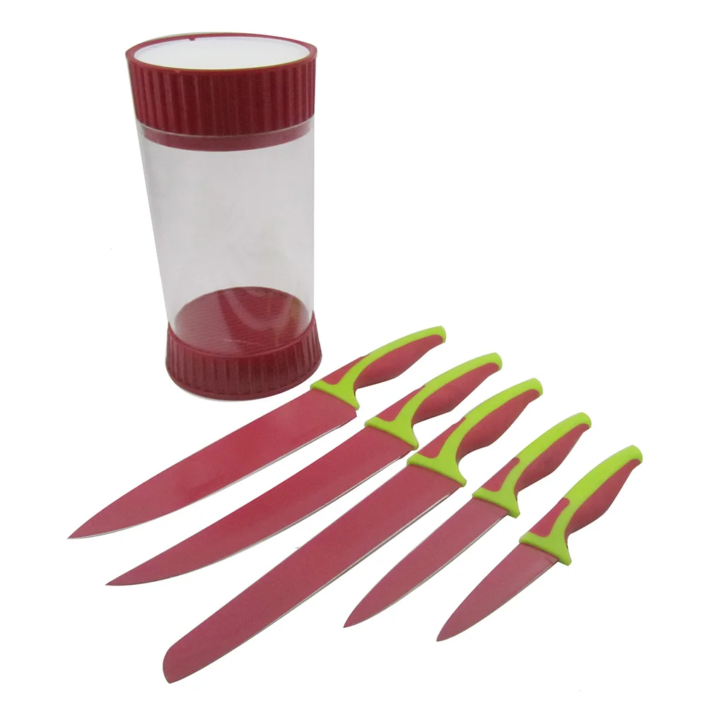 Red Color Non-Stick Knife Set with Universal Knife Block