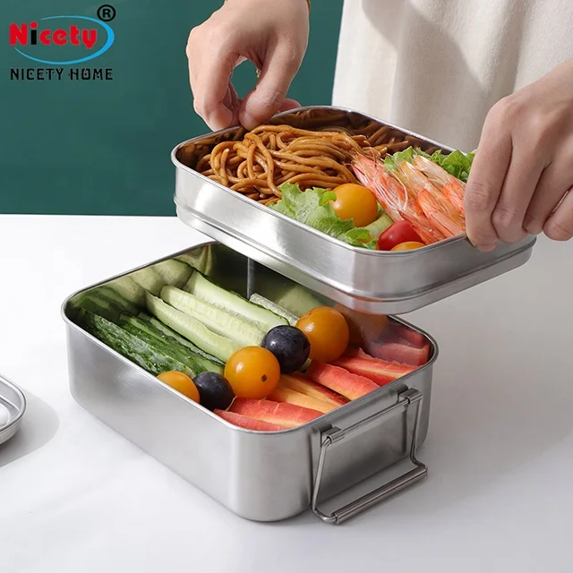 Eco-friendly 2 layer bento lunchbox stainless steel  bread box with clips reusable plastic-free