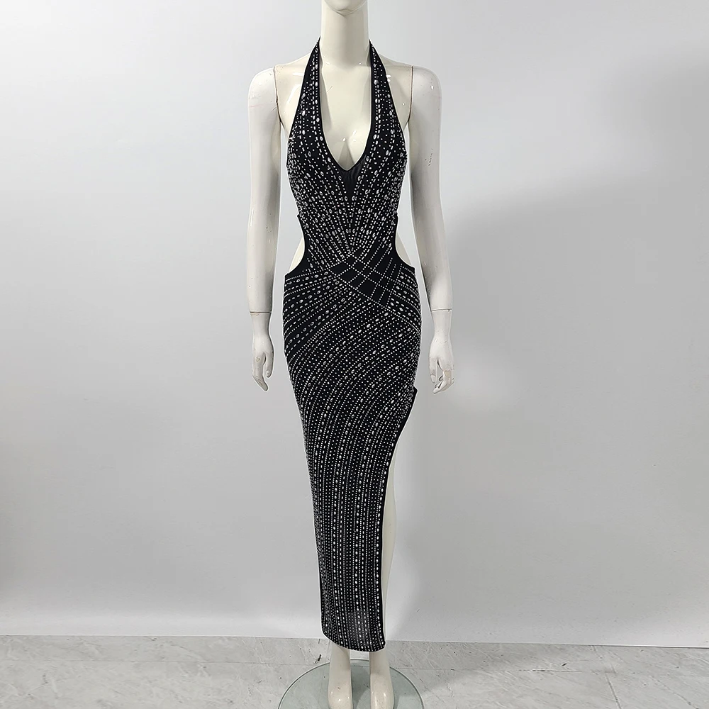 2024 new designer  women bodycon celebrity Evening Party  beading sexy club dress