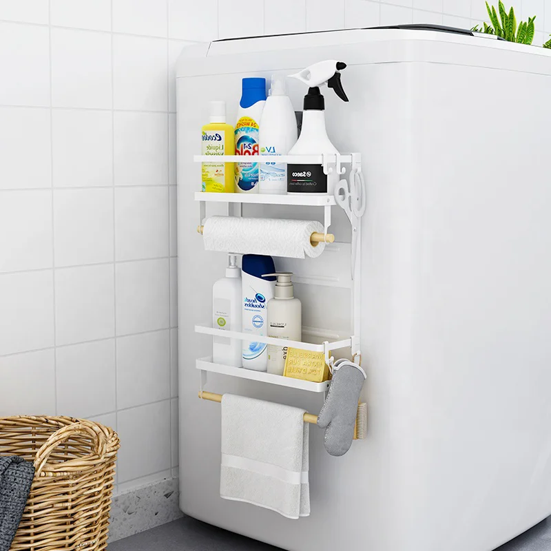 Wall-mounted Magnetic Fridge Side Rack Stainless Steel Spice roll paper Storage Rack Kitchen Organizer