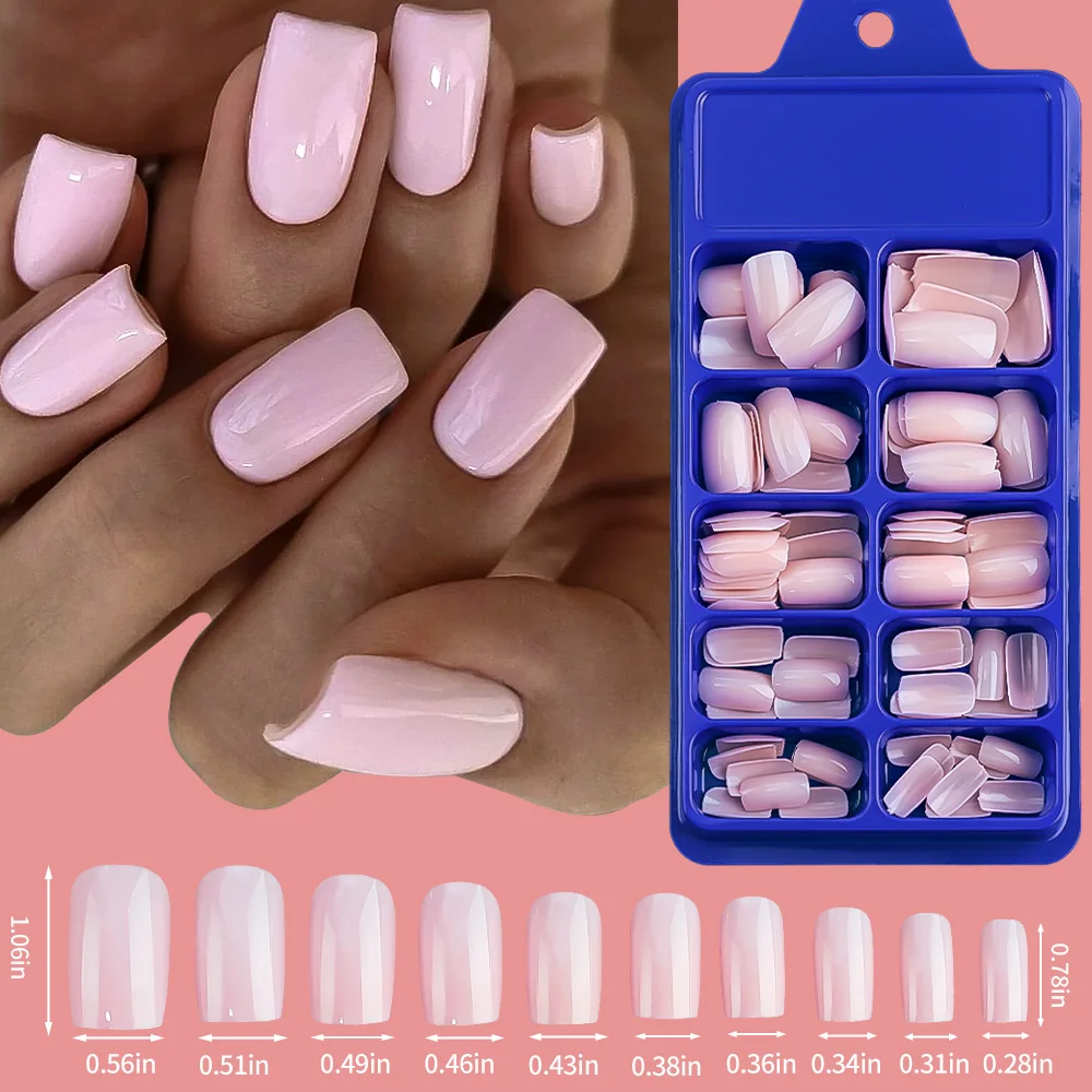 100Pcs Light Pink Acrylic False Nails Tips Short Medium Square Press on Nails Reusable Full Cover False Nails Finger Extension