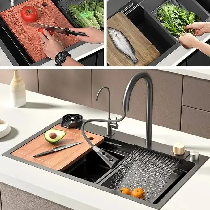 Multifunction sink countertop stainless steel kitchen sink modern black waterfall rainfall faucet  single bowl kitchen sink set