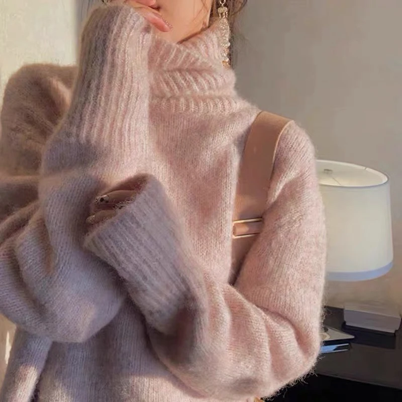 New Arrival Long Sleeve Plus Size Loose Turtleneck Knit Pullover Sweater For Women