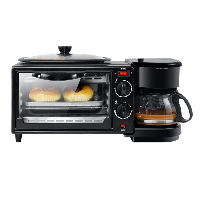 3 In 1 Home Electric Breakfast Maker Household Mini Bread Pizza Oven Toaster Grill Pan Timer Control Cooking Coffee Kettle Maker