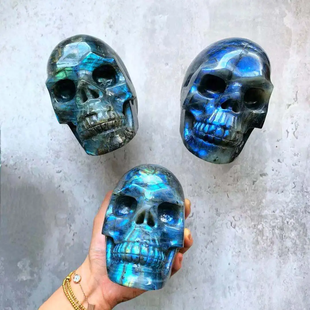 Wholesale Natural Hand Carved Crystal Labradorite Hollow Skulls Natural Crystal Folk Crafts For Fengshui Healing