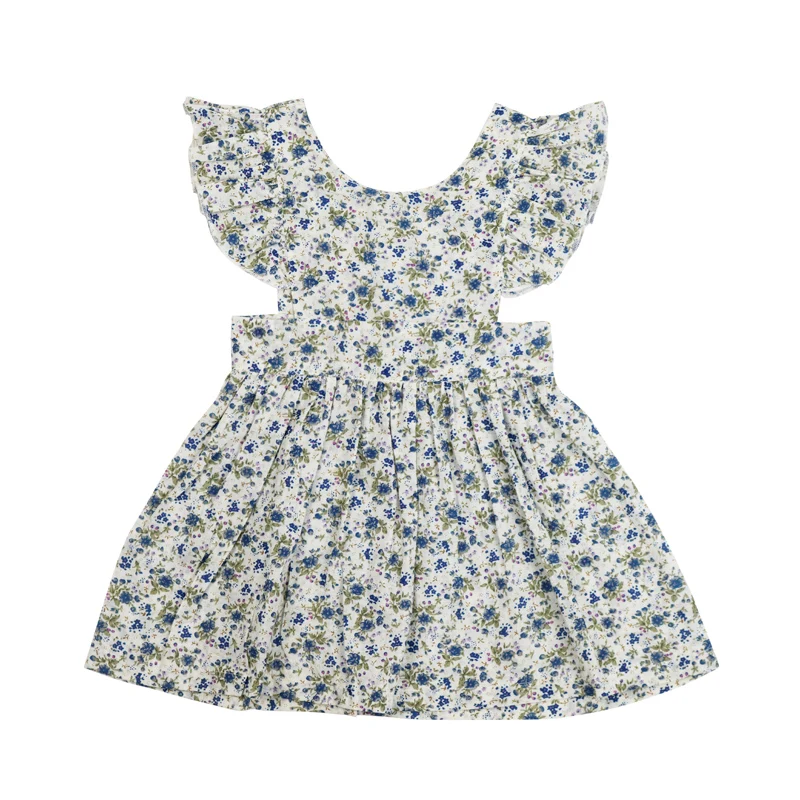 Wholesale High Quality New Fashion Girls Clothes White and Blue Floral Dress Girls Dress