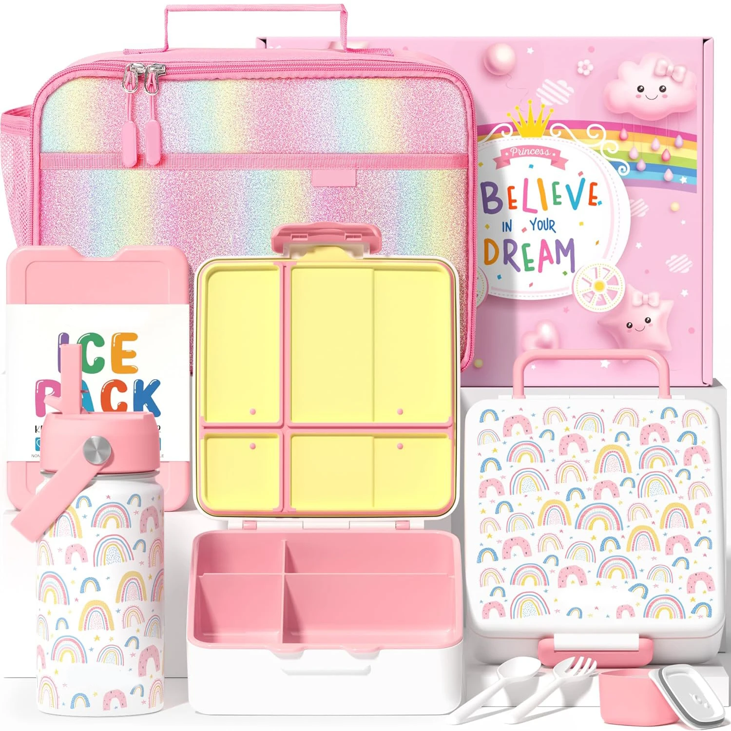 LeakProof Lunch Box with Ice Pack Keep Food Cold 4 Compartment Lunch Container with Utensils for kids School Microwave  Safe