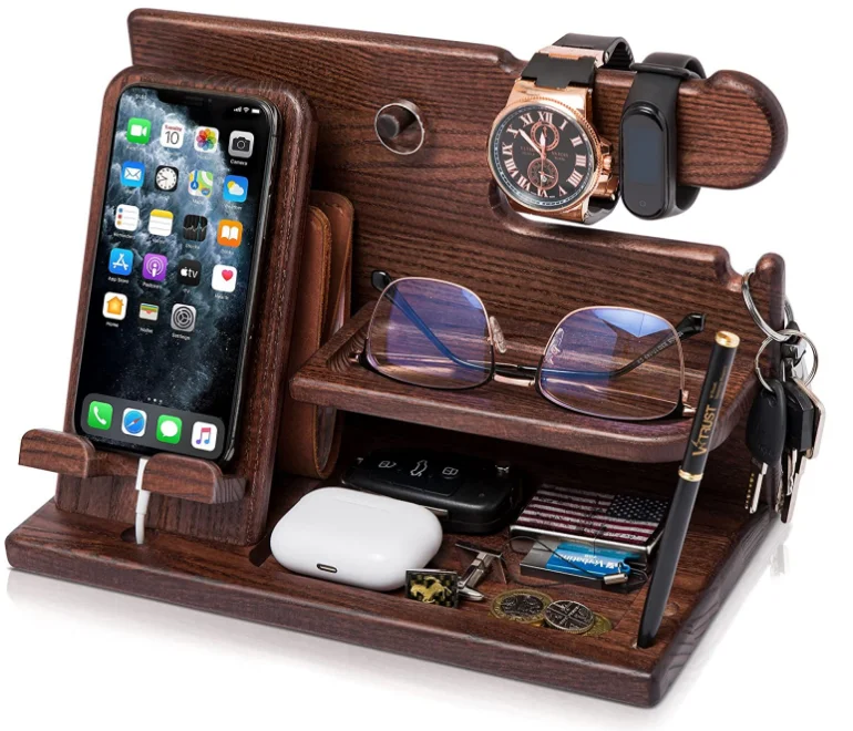 custom Wood Phone Docking Station Ash Key Holder Wallet Stand Watch Organizer Nightstand organizer