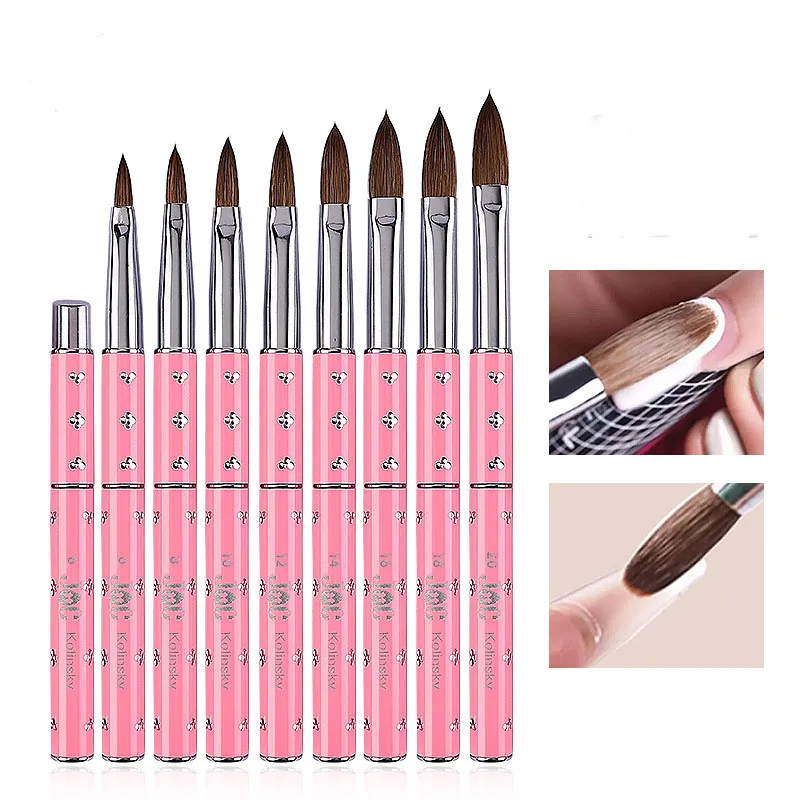 High Quality Pink Diamond Metal Rod Pure Sable Hair Nail Tool Pen Kolinsky Acrylic Brush Brushes Set 6 8 10 12 14 16 18 20
