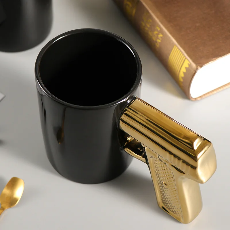 Creative ceramic gold and silver pistol cup gun handle coffee mug 3D shape cup