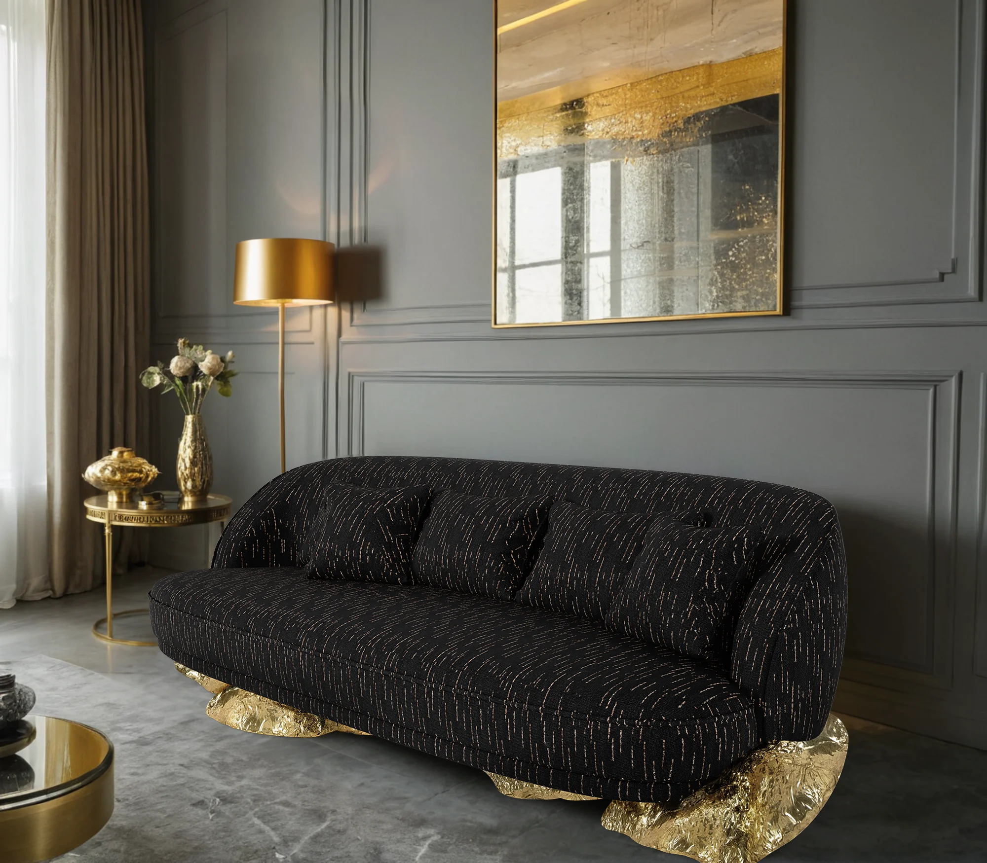 High quality brass base luxury black sofa villa home living room modern couch furniture