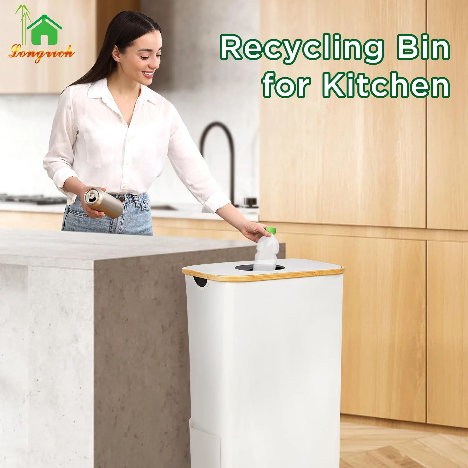 100L Deposit Bottle Storage  Bamboo Black Kitchen Recycling Bin Bottle Collection Container with Lid Removeable Inner Bag
