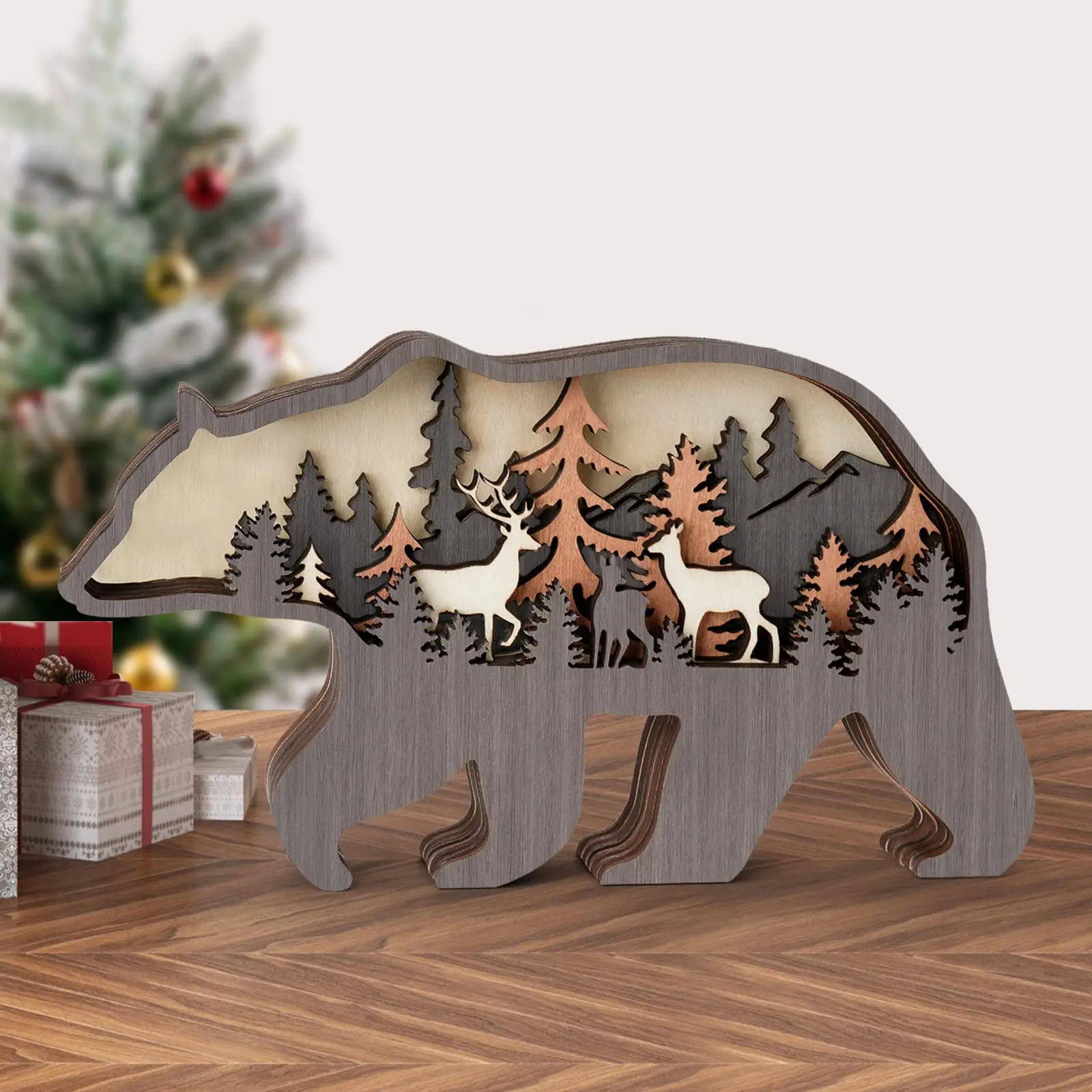 Adornos De Osos de Madera Desk Crafts Hollowed Multilayers Sculpture Rustic Home Decor Office Christmas Animal Ornament
