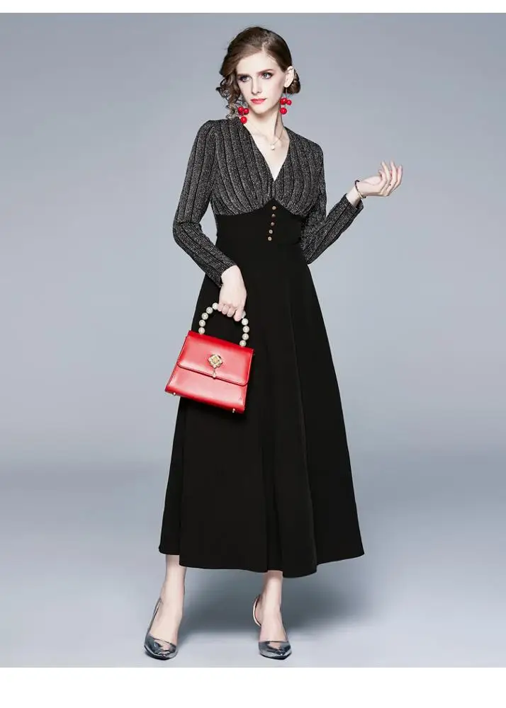 Hot Sale long sleeve V Neck elegant maxi dresses women empire slimming style buttons decoration umbrella dresses