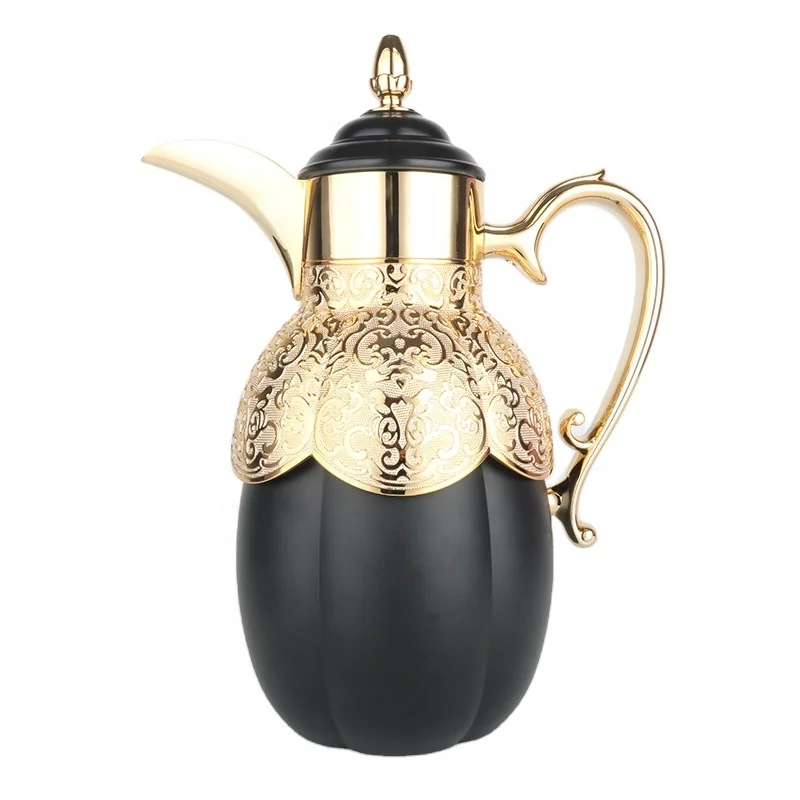 New arrival 1.0L Dallah Long Spout Pumpkin Shape black Golden Coating Metal body High Quality Glass Insulated Vacuum Flask