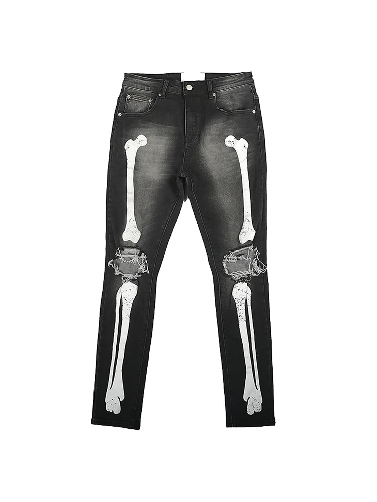 Hip Hop Skeleton Jeans Men Black Printed Men Distress Jeans Body Bones Men Jeans