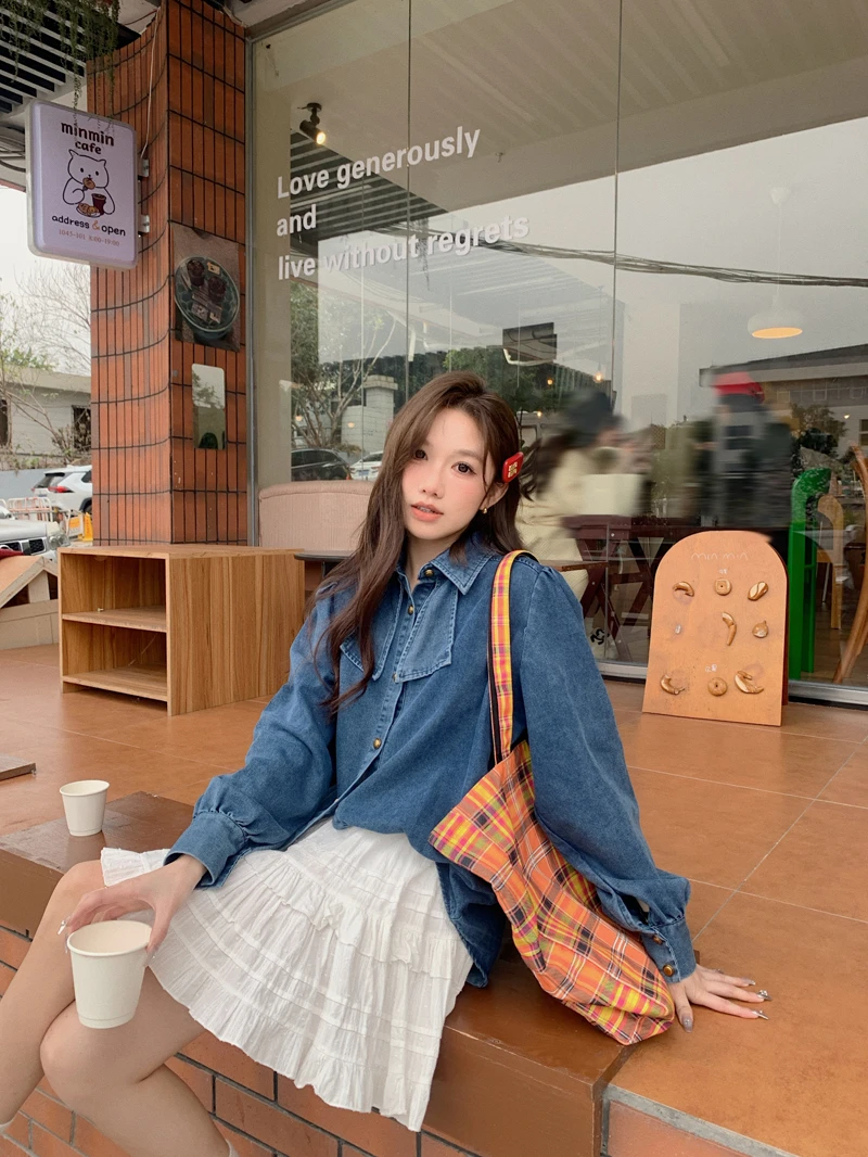 Autumn Winter Denim Women Shirts Bows Sweet Solid Korean Fashion Basics Blouses Elegant Casual Loose Blouse Mujer