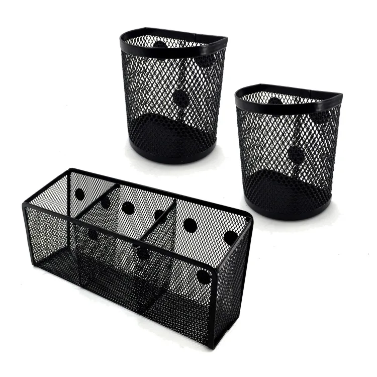 Office wire magnet desk organizer black color mesh metal desktop magnetic storage pen pencil cup