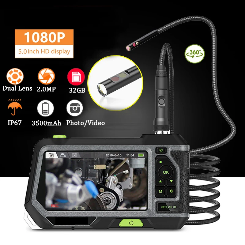 Portable 5inch LCD Screen Industrial 8.0mm /5.5mm 1080P Dual  Lens Flexible Snake Tube Endoscope Bore scope Camera