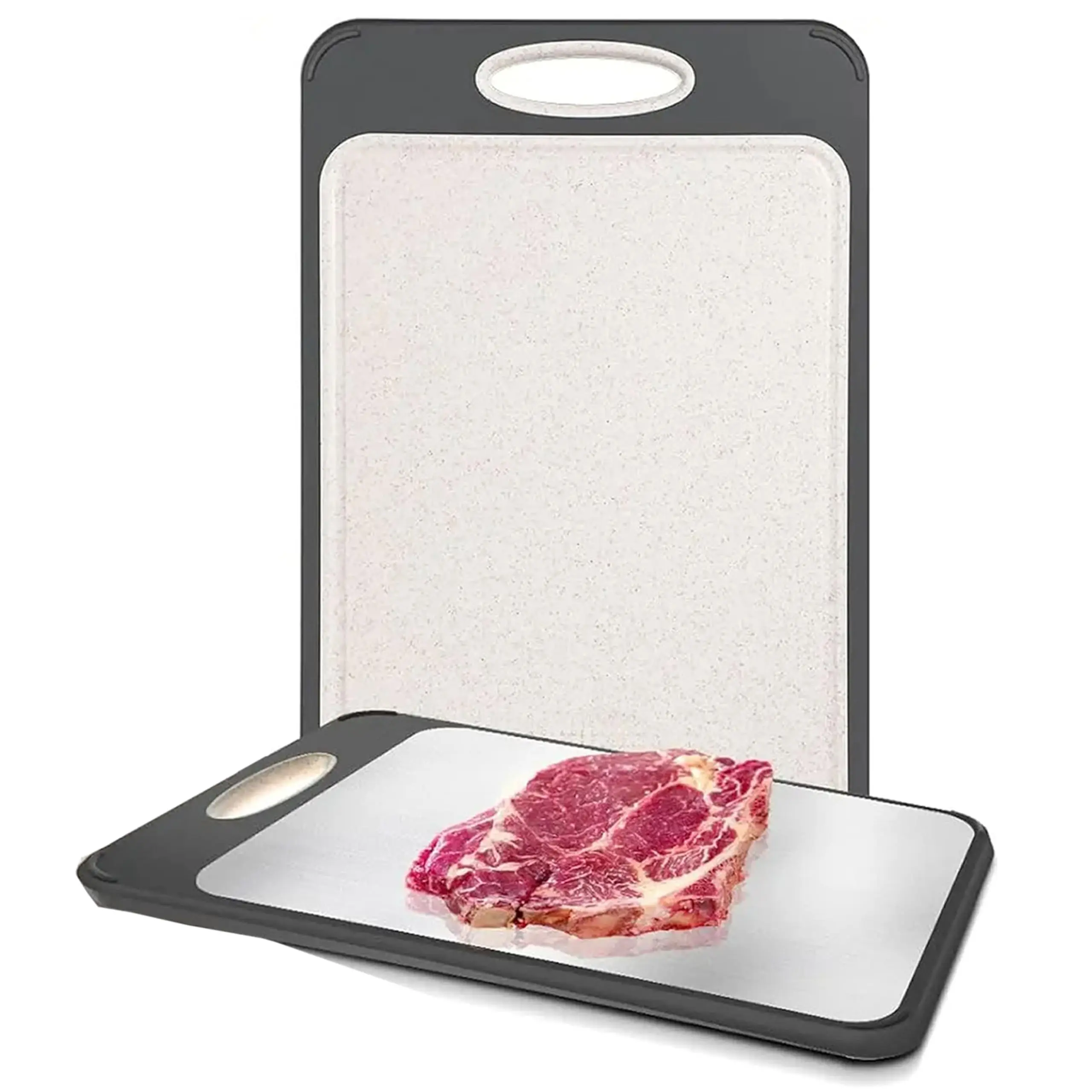 OMGO Double Sided Large 304 Stainless Steel Chopping Board Food-Grade Stainless Steel & Wheat Straw PP Cutting Board