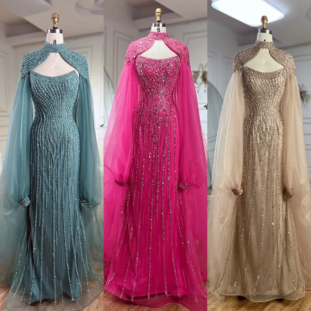 Serene Hill Dubai Caramel Mermaid Long Cloak Beaded Pearls Luxury Evening Dresses Gowns For Women Wedding Party 2024 LA72223