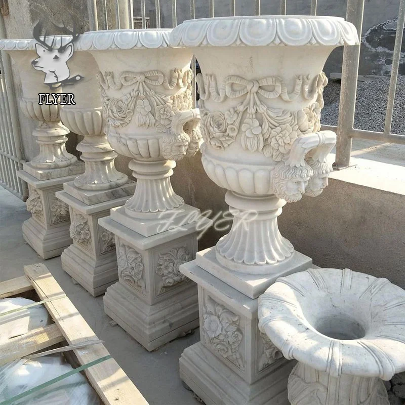 Custom Garden Stone Carvings and Sculptures White Marble Flowerpot Urn Planters
