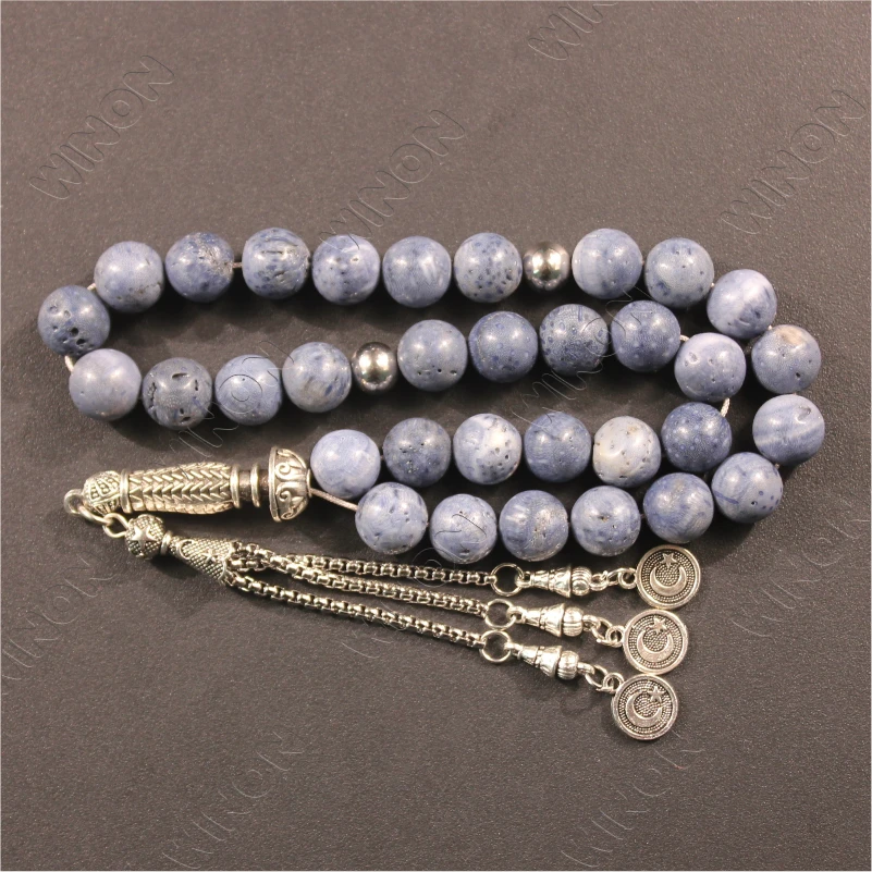 Натуральный синий коралловый мусульманский четки Tasbih Tasbeeh Islamic 33 молитвенные пижамы мисбаха розариус Eid Ramadan подарок