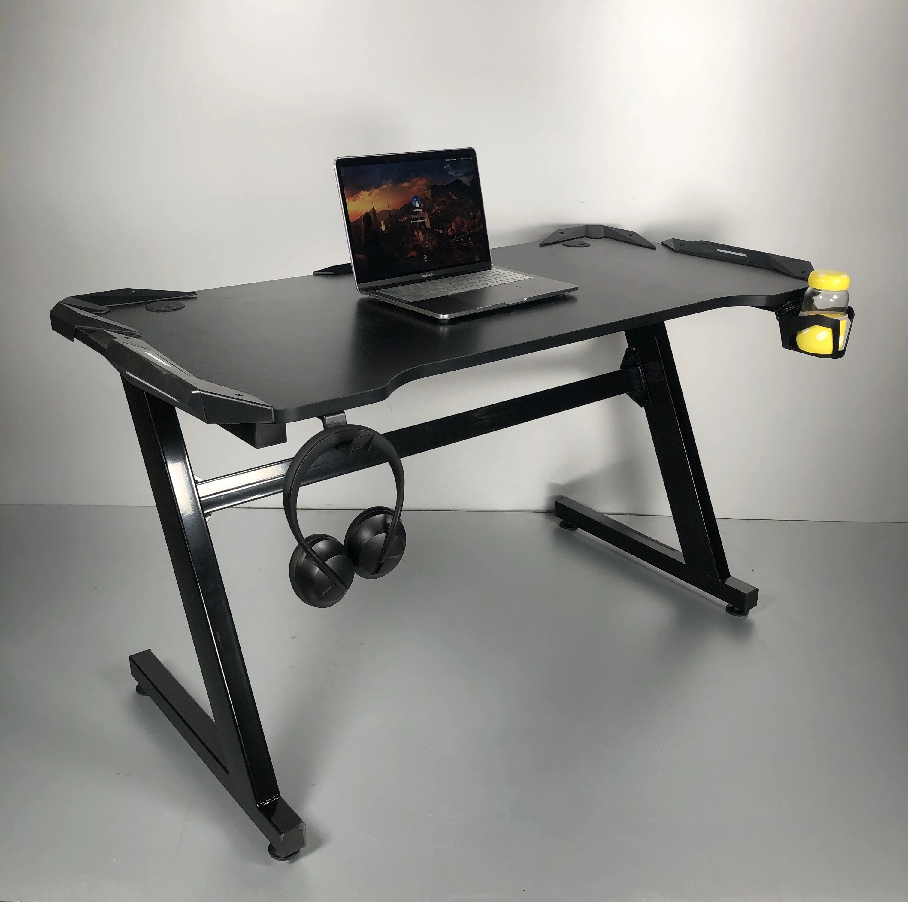 Electric Gaming Desk Computer Table Metal Frame with LED Light, Cup Holder, Headphone Hook, Cable Hole