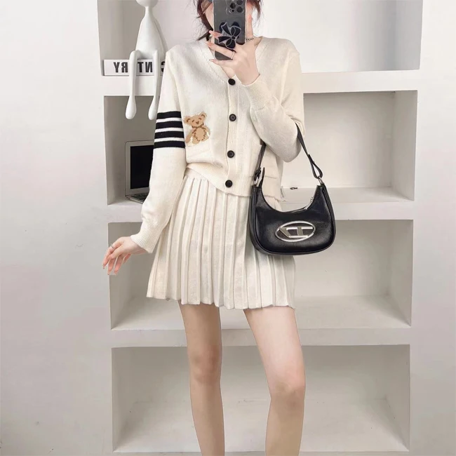 High School girls v neck short bear cardigan and mini skirt uniform twin set