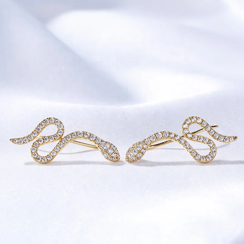 Fashion 925 Sterling Silver Gold Plated Sparkling Zircon Diamond Ear Crawler Snake Cuff Climber Earrings Women