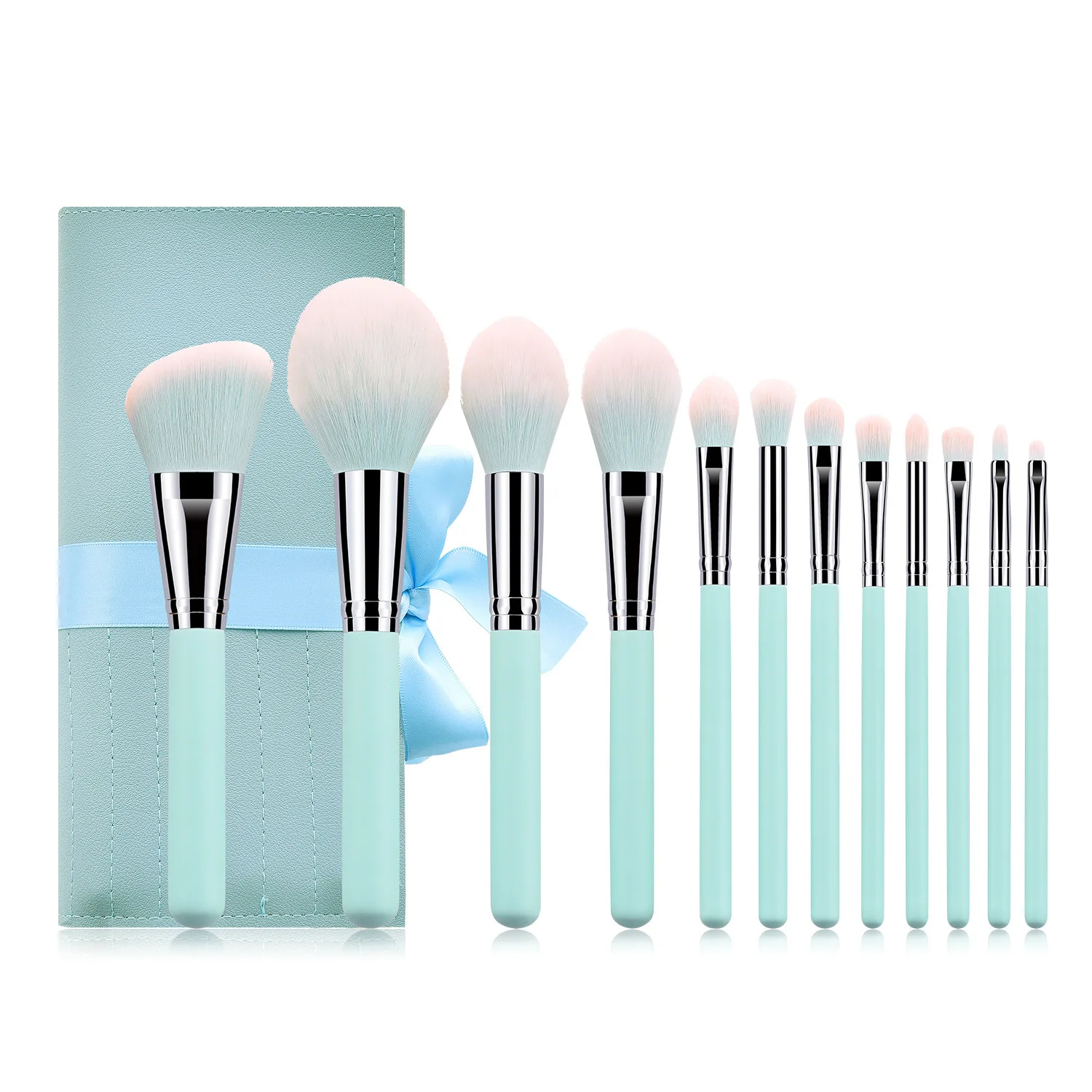 DailyQueen wholesale 7pcsPortable Cosmetic Professional Blending Loose Powder Blush Brushes Tool Kit Blue Makeup Brush with Bag