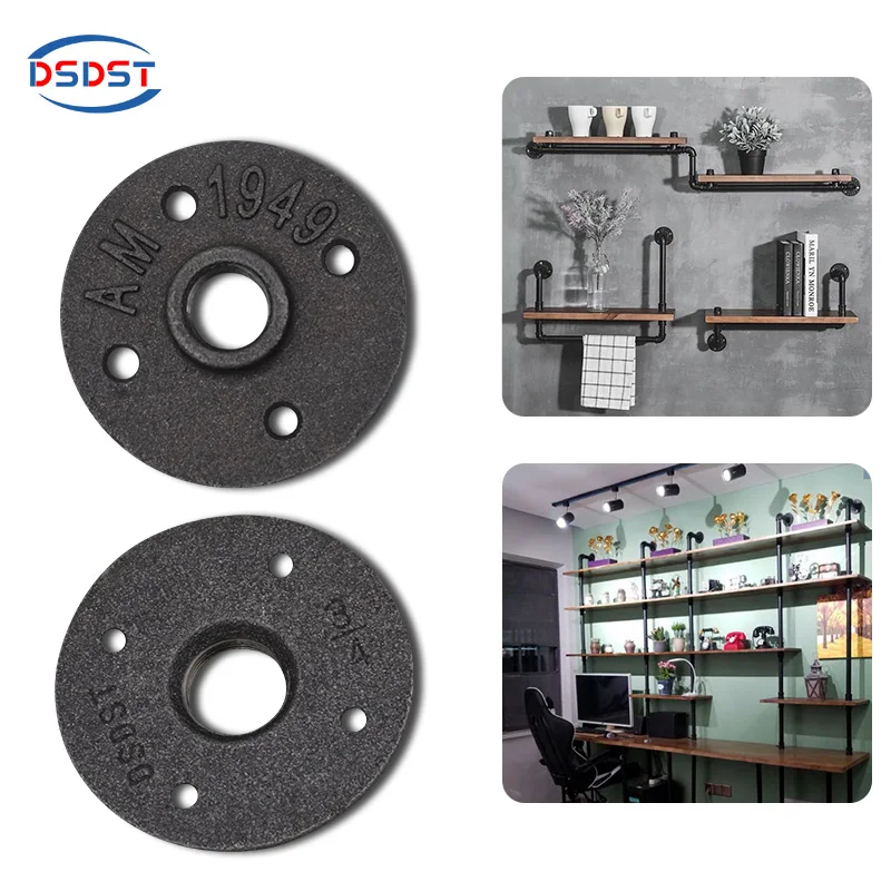 black metal pipe furniture malleable iron four hole flanges for industrial pipe book shelving
