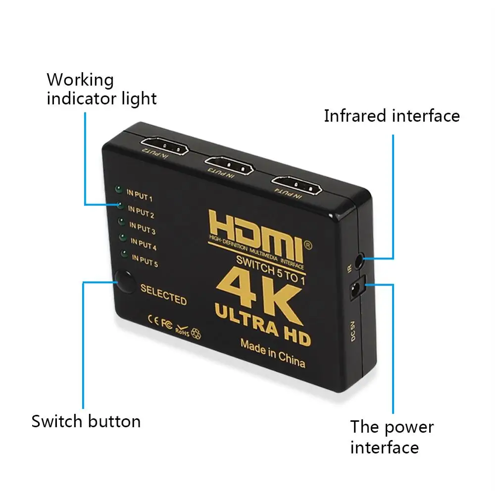  5 портов 4K видео мульти HD MI переключатель 5x1 с ИК-пультом дистанционного