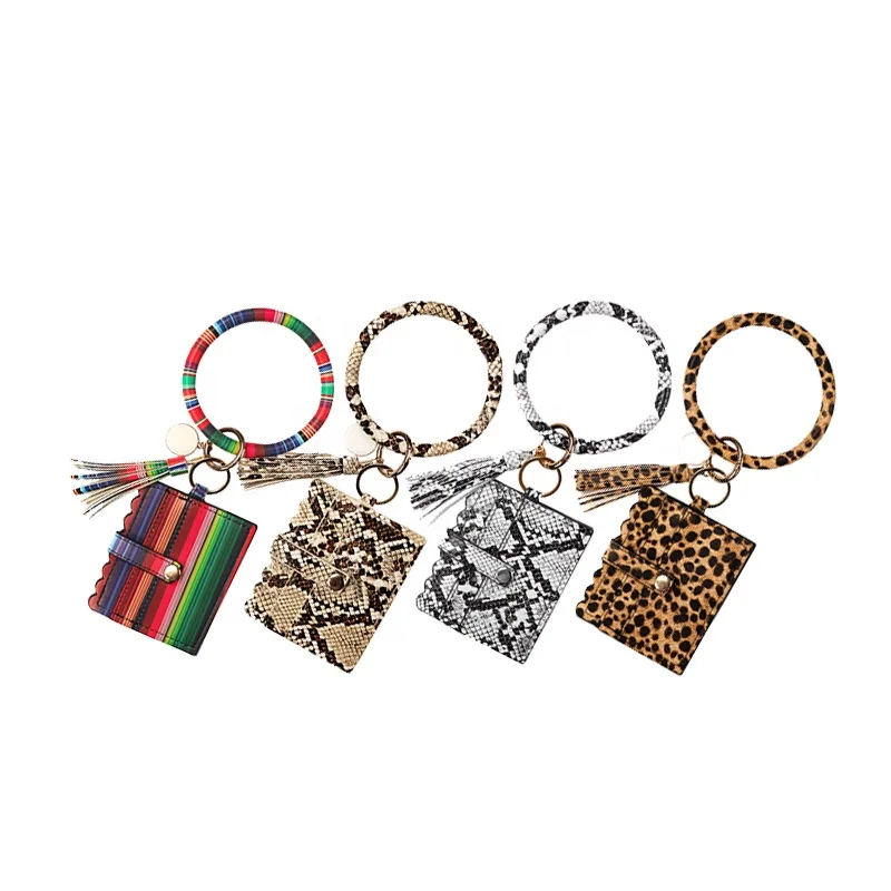 Snakeskin Bangle Key Ring Wallet Women Serape Leopard Tassel Wristlet Bracelet Keychain ID Card Holder