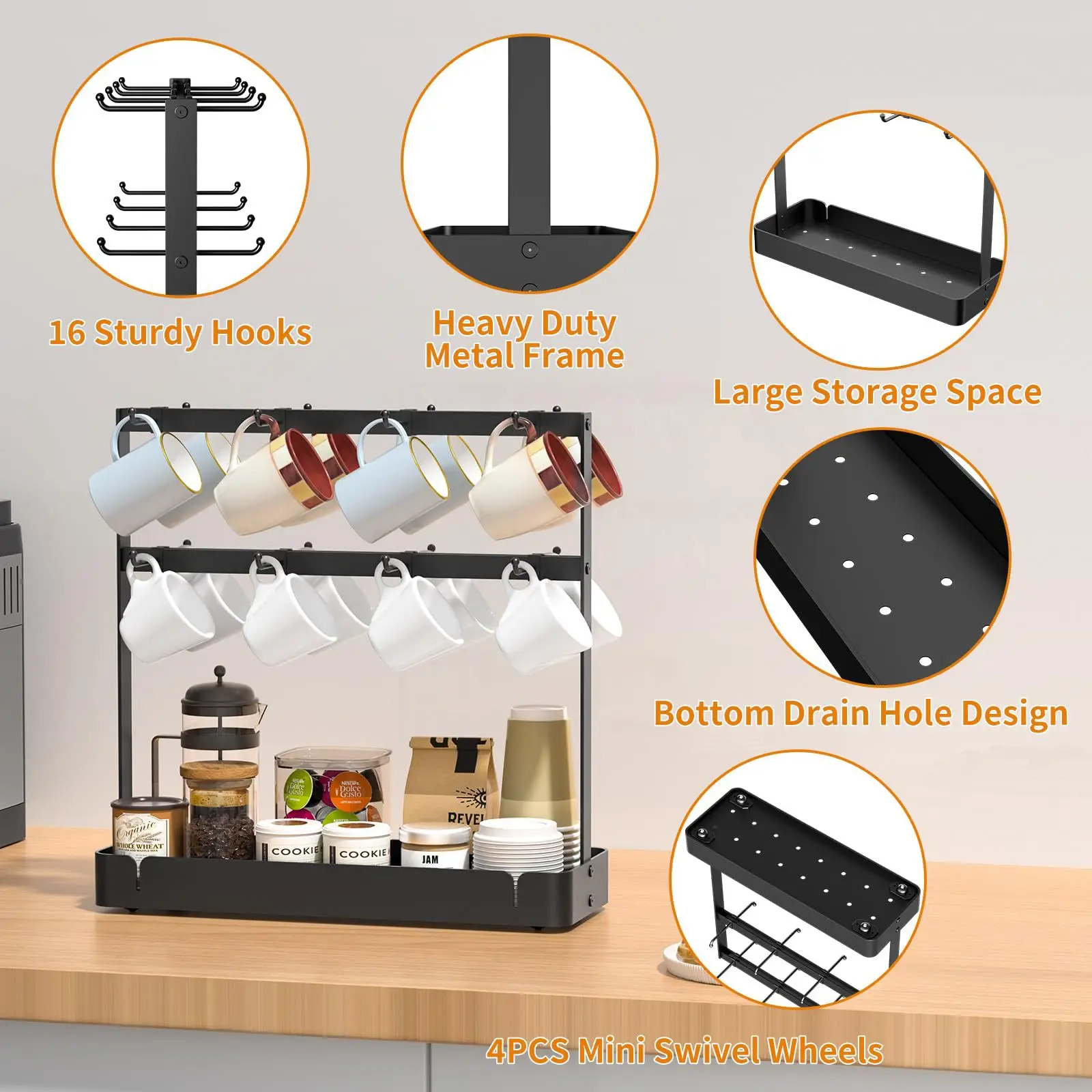 Coffee Mug Holder With Movable Hooks,16 Capacity Coffee Cup Holder For Countertop,2 Tier Mug Tree Holder Rack