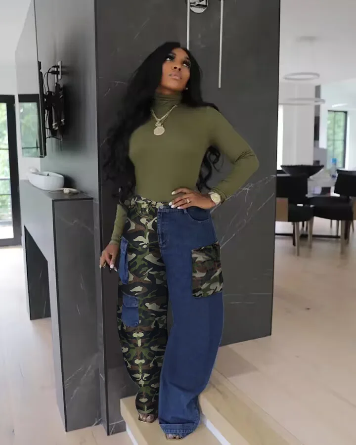 2024C301 Spring Denim Pants Washed Camo Patchwork Cargo Jeans With Pockets For Women Casual Jean Good Quality Jeans