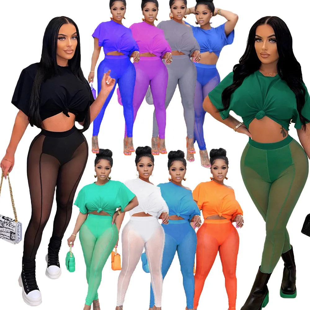 Best Seller Solid Color 3Xl Plus Size Short Sleeve T-Shirt Transparent Mesh Long Pants Mesh Commuter Two-Piece Set For Women