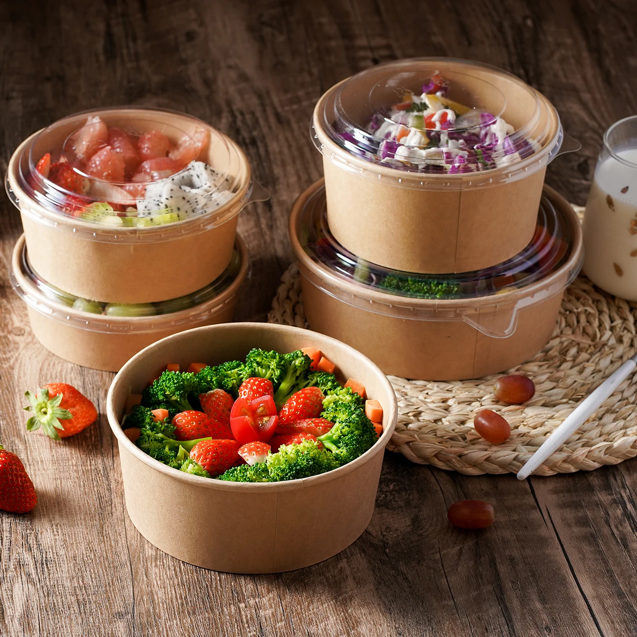 36Oz/1100ML Disposable Eco Friendly Takeaway Kraft Paper Bowl With Lid For Food And Ice Cream Packaging